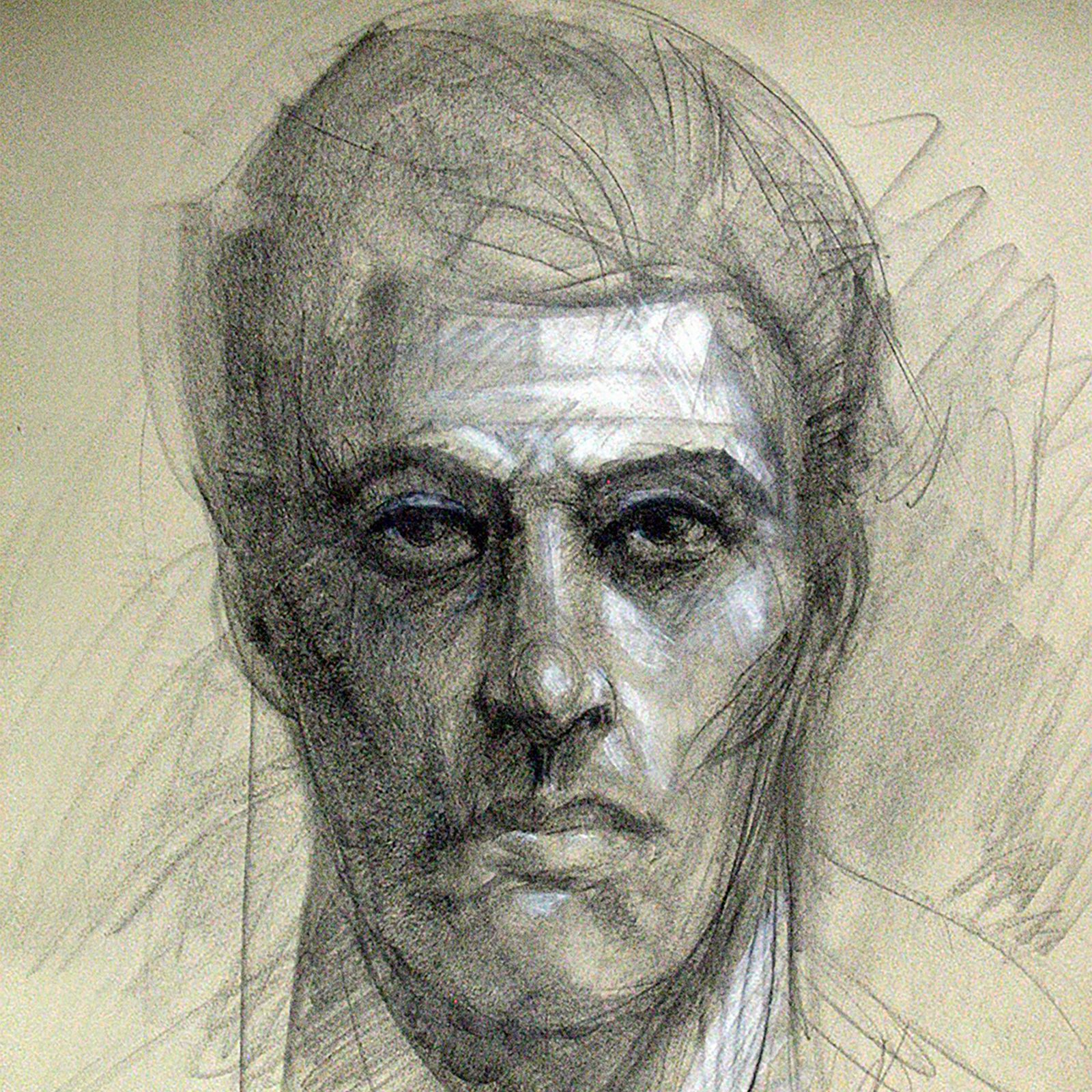 Pencil portrait sketch of a man's face with loose construction lines.