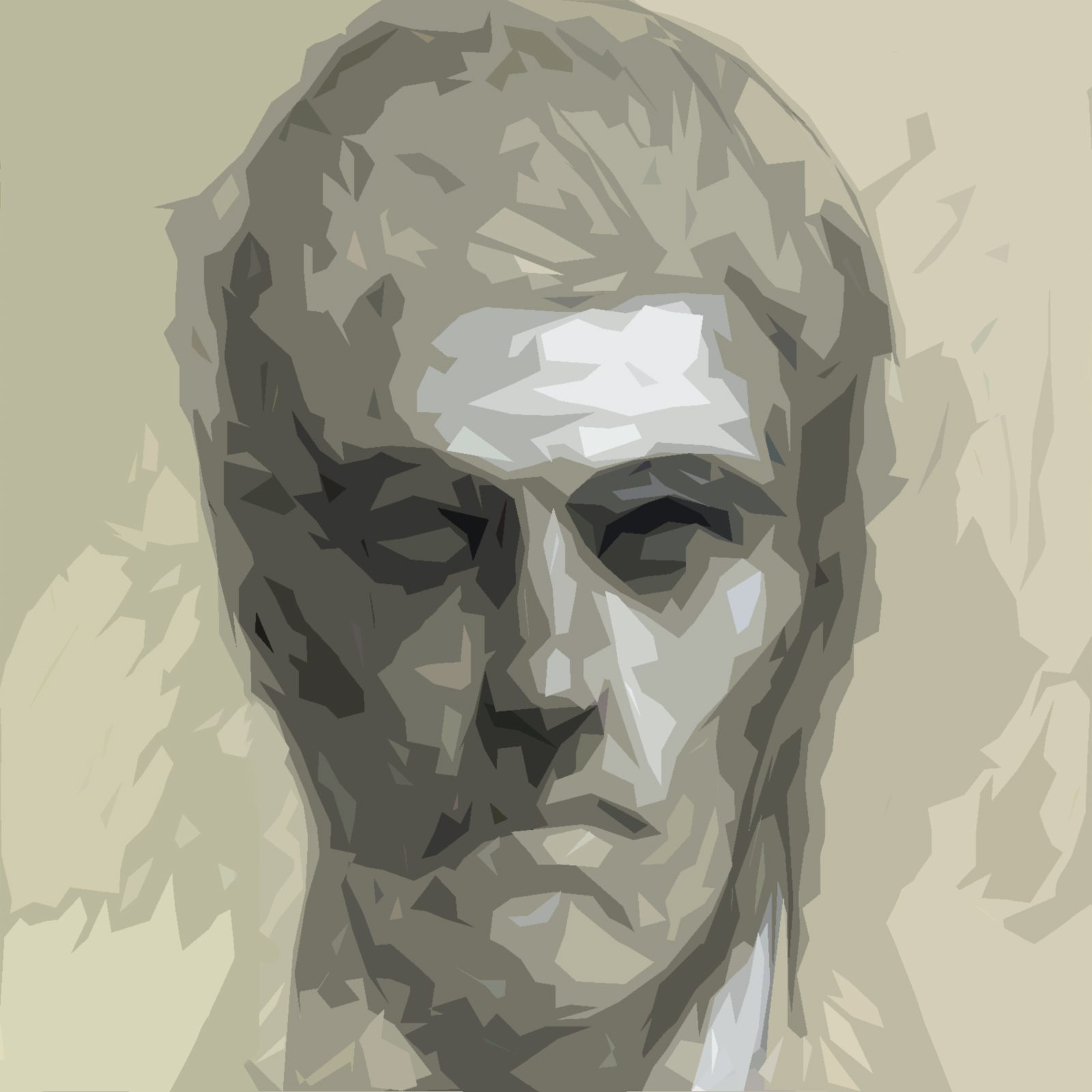 The same portrait simplified into flat positive and negative value shapes, like puzzle pieces.