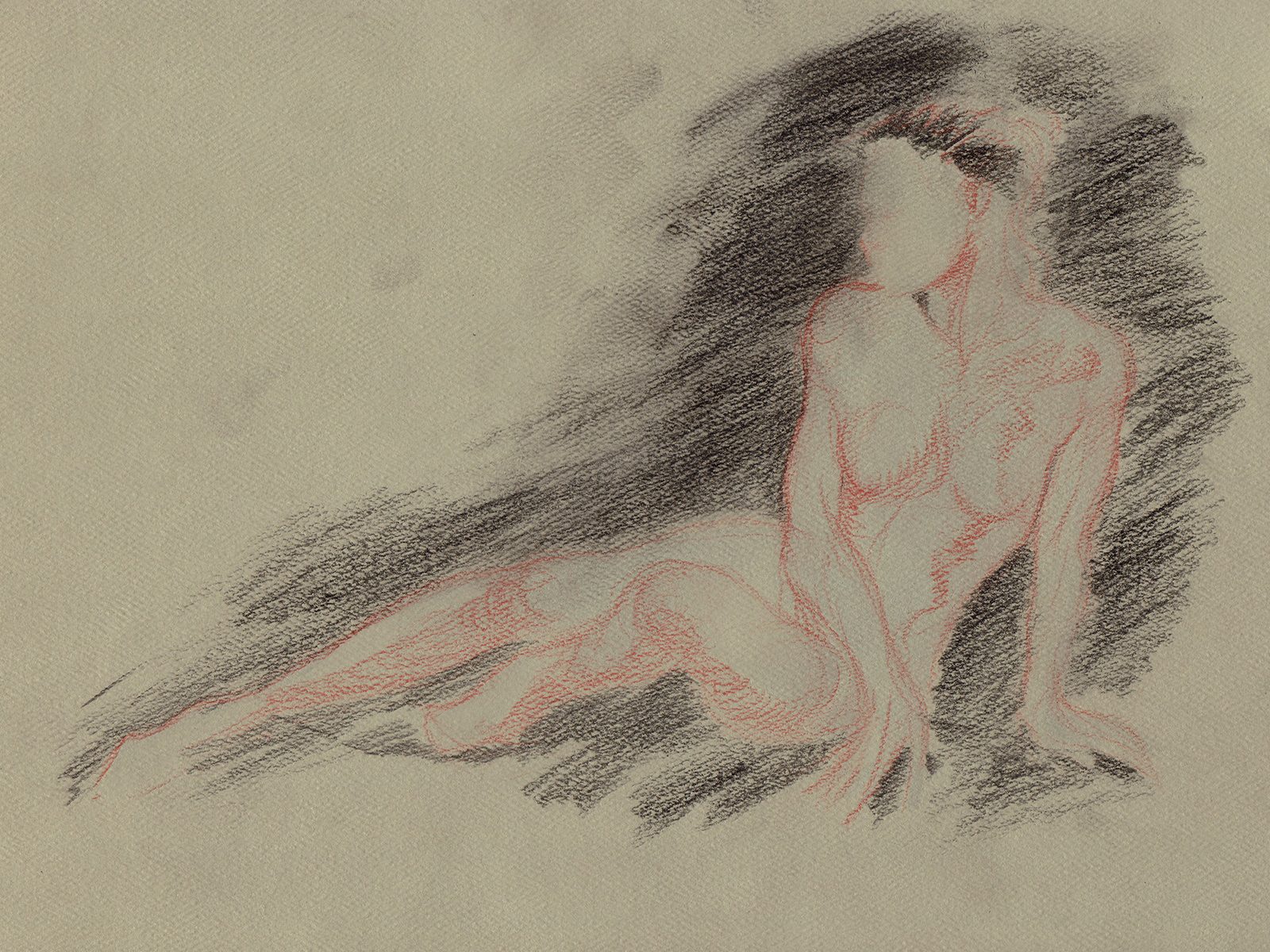 Loose gesture rough in red colored pencil on toned paper, with the negative space around the figure filled in with dark pencil.