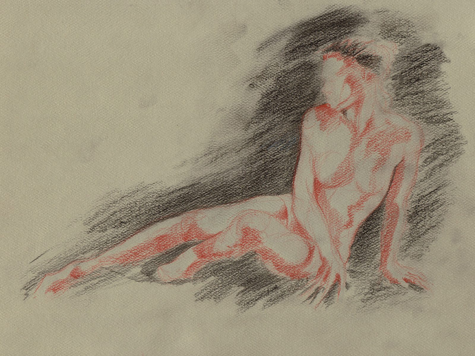 The figure study with its shadow shapes blocked in red over the gesture rough.