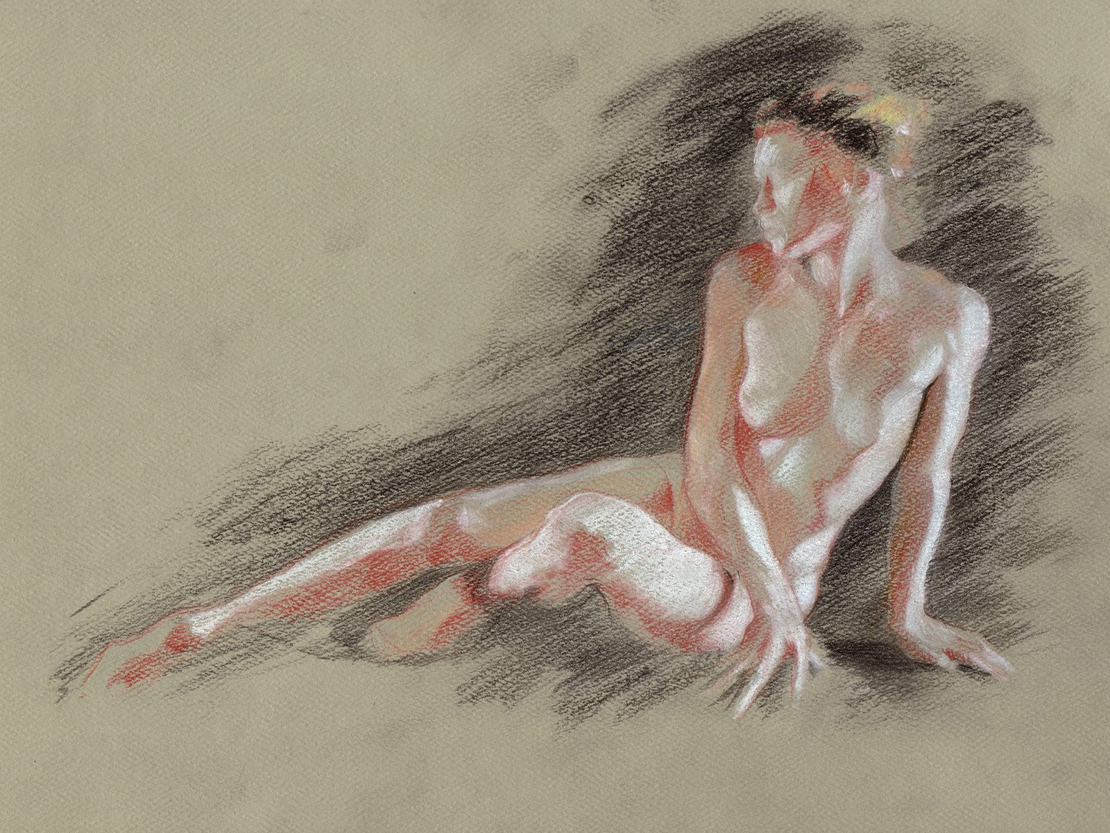Highlights laid down in white pencil over the shadow shapes, beginning to turn the figure into form.