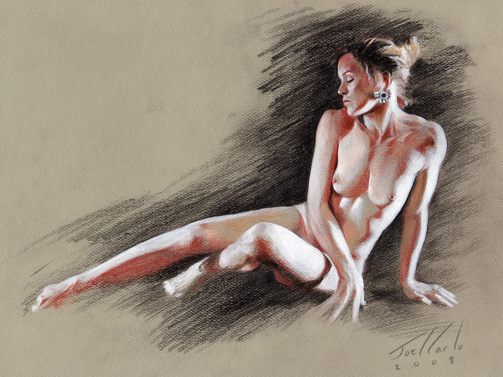 The completed colored pencil figure study with darkened negative space, shadows and mid tones.